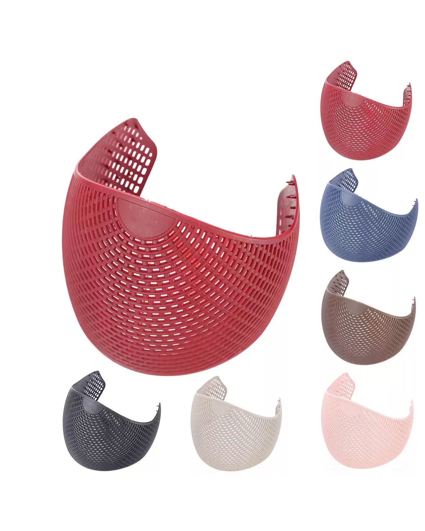 Les six coloris : un grand bordeaux au premier plan, puis bleu, brun, rose, noir et beige